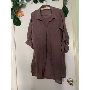 Loveriche Long Shirt Women 100% COTTON Size S Brown Roll Tab Long Sleeve Crinkle